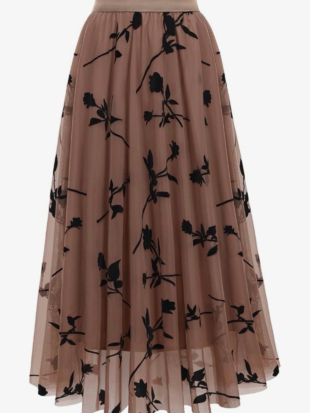Women’s Floral Mesh Midi Skirt - Taupe with Black Print - 3XL